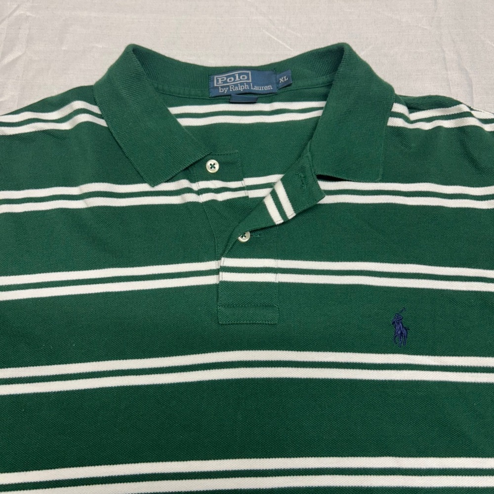 Polo Ralph Lauren Mens XL Green White Striped Short Sleeve Pique Polo Shirt - Picture 2 of 6